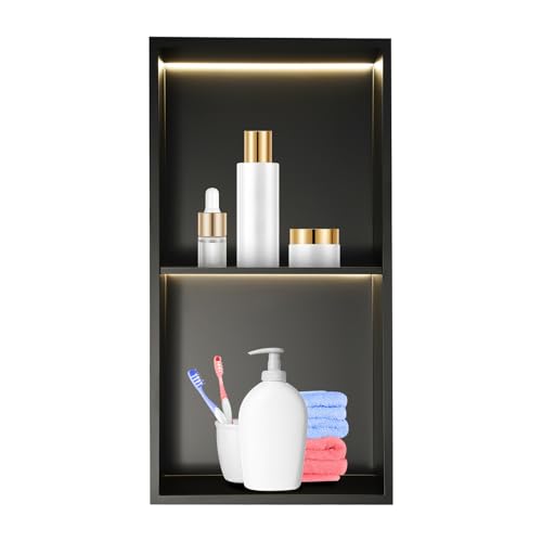 Stainless Steel Shower Niche, 2 Tiers Recessed Shower Niche, 12''x24'' Wall Nich Shower Shelf Insert w/ LED Light & Shelf, Embedded Storage Alcove Wall for Bathroom Storage(Black, LED, 12x24in)