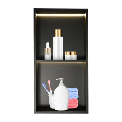 Stainless Steel Shower Niche, 2 Tiers Recessed Shower Niche, 12''x24'' Wall Nich Shower Shelf Insert w/ LED Light & Shelf, Embedded Storage Alcove Wall for Bathroom Storage(Black, LED, 12x24in)