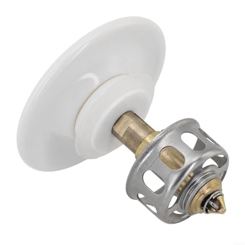 Bathroom Basin Drain With Strainer Basket For Countertop Bathtub, Brass And Ceramic Up Stopper(White) - color: White