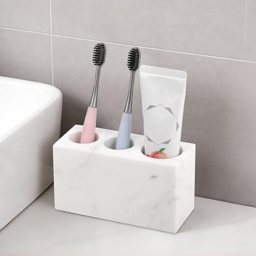 Natural Marble Toothbrush Holder, White, 3 Slots | Large Bathroom Organizer Countertop, Ventilation Design, Stone Toothbrush and Toothpaste Stand, Non-Slip Silicone Pads - color: White, size: 3 Slots