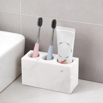 Natural Marble Toothbrush Holder, White, 3 Slots | Large Bathroom Organizer Countertop, Ventilation Design, Stone Toothbrush and Toothpaste Stand, Non-Slip Silicone Pads - color: White, size: 3 Slots