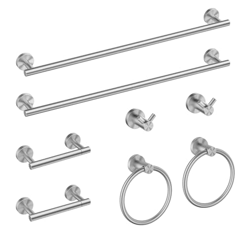 FORIOUS Bathroom Accessories, 8-Piece Bathroom Hardware Set - 24" Towel Bar | Brushed Nickel | Towel Hooks, Towel Racks for Bathroom, Toilet Paper Holder Wall Mounted, Towel Ring | SUS304 Stainless Steel - color: Stainless Steel, size: 24 in | 8 Pieces