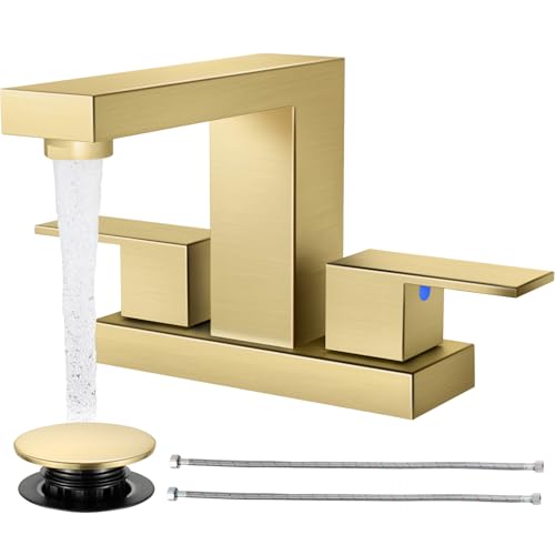 Cobbe Bathroom Faucets for Sink 3 Hole, Brushed Gold Bathroom Sink Faucet Square 4 Inch Centerset with Pop-Up Drain, 2 Handle and 2 Supply Hoses, Lead-Free Stainless Steel for Vanity, Rv, Farmhouse - color: Gold-2, size: 4 Inch Centerset