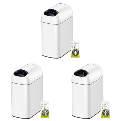 EKO Astro Slim Sensor Trash Can, 10L / 2.6 Gallon Touchless Garbage Bin with Soft-Close Retractable Wing Lid, Motion Sensor Stainless Steel Garbage Can for Bathroom, Kitchen, Office, Waterproof, White - size: Astro 10L-Matte White (Pack of 3)