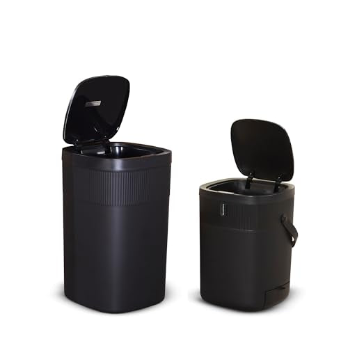 Ninestars 13.2 Gallon Automatic Trash Can, 50L + 12L Touchless Motion Sensor Garbage Can Set of 2 with Soft Close Lid, Liner Ring, Fingerprint Resistant Stainless Steel Kitchen and Bathroom, Black