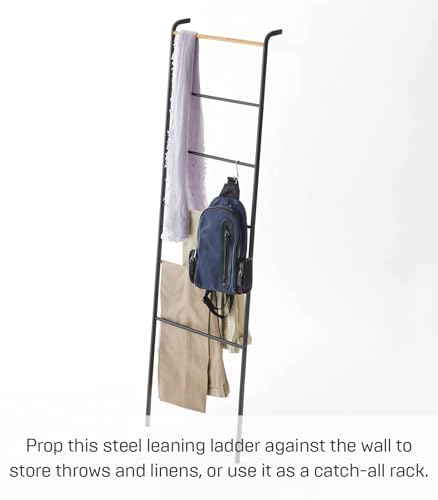 Yamazaki Home Tower Leaning Ladder Rack, Space Saving - Ladder, 63" - Steel | Leaning ladder hanger for bedroom, closet, living room, bathroom storage. Non-slip rubber caps protect floors and walls. - color: Black