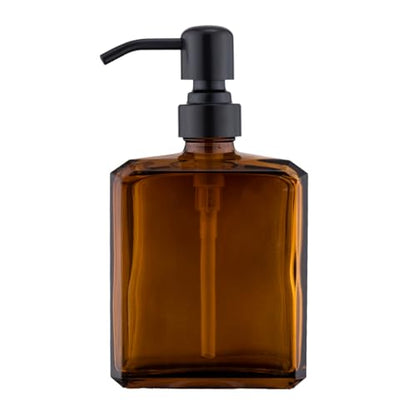 Amber Soap Dispenser Square Bottle and Black Pump, Glass Dish Soap Dispense, Refillable Hand Soap Dispenser with Stainless Steel Pump, 13.5 oz Lotion Dispenser for Bathroom, Kitchen Countertop - color: Amber Bottle With Black Pump, size: 13.5oz-Square