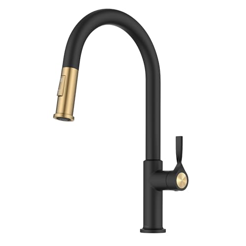 KRAUS Torak Pull Down Kitchen Faucet in Spot-Free Brushed Brass/Matte Black with 2 Function Sprayer, Pre-Attached Water Lines, and Mounting Hardware, KPF-2840SFBBMB - color: Spot Free Brushed Brass/Matte Black, style: Pull-Down Faucet