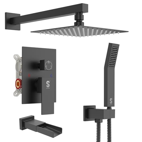 SR SUN RISE 12 Inch All Metal Square Shower System with Tub Spout, Tub Shower Faucet Set, High Pressure Rain Shower Head and Handheld Sprayer Shower Fixtues, Valve Included, Matte Black - color: Matte Black, size: 12 Inch