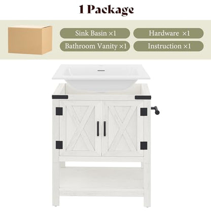 AMERLIFE 24" White Farmhouse Bathroom Vanity with Sink and Open Shelf | Antique White, Single Solid White Integrated Top, Moisture-Resistant MDF, Barn Doors, Open Shelf, Paper Towel Holder - color: Antique White, size: 24“