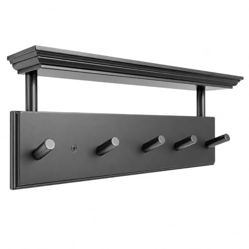 ) Matías Coat Rack Wall Mount with Shelf, 18 Inch Solid Wood Peg Rail, Wall Mounted Coat Rack with 5 Hooks, Wall Mount Shelf for Entryway, Bathroom or Bedroom (Black) - color: Black