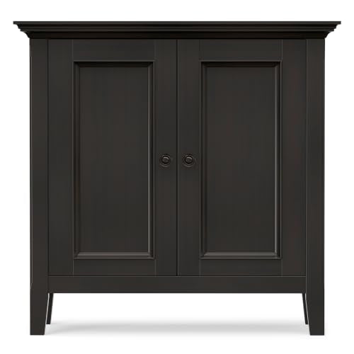 SIMPLIHOME Amherst 32" Wide Solid Wood Cabinet in Hickory Brown | Transitional-style low storage cabinet with adjustable shelves for organized living room, entryway or dining area storage.