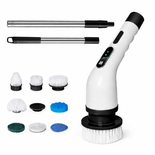 Premium Electric Bathroom Cleaning Brush, Waterproof Cordless Bathroom & Kitchen Cleaning Brush with Adjustable Handle & 9 Replaceable Heads – Powerful Deep Clean Tile, Grout, Tub, Window & Floor