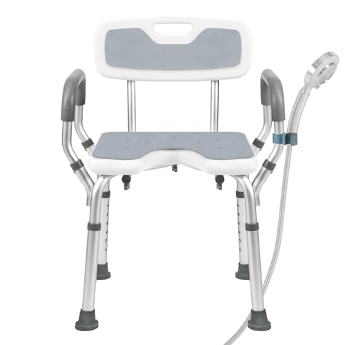 Shower Chair with Arms and Back, 330lbs Heavy Duty Bath Seat with U-Shaped Cutout, 21" Extra Wide Adjustable Shower Stool with 2 EVA Pads and Shower Head Holder, Tool-Free Assembly - color: Grey Pad-small