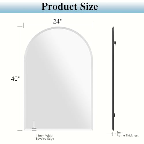 Frameless Bathroom Mirror, 24"x40" Beveled Arched Wall Mirrors | Frameless, 15mm beveled edge, 5mm HD glass, shatterproof, anti-rust, french cleat, for bathroom/bedroom/entryway - size: 24"L x 40"W