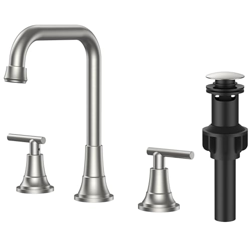 FORIOUS 8 In Brushed Nickel Bathroom Sink Faucet 3 Hole Widespread, Silver | Two Handles Brushed Nickel Bathroom Faucet 3 Hole, Widespread Faucet for Bathroom Sink with Drain and Hose, Farmhouse, Vanity - color: Brushed Silver