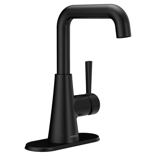 Moen Ronan Matte Black Double Bend Single Hole Modern Bathroom Sink Faucet with Optional Deckplate and Spring Loaded Drain Assembly, 84024BL - color: Matte Black, style: Single Handle