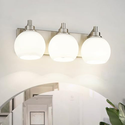 3-Light Brushed Nickel Bathroom Vanity Light, Milk Glass Globe Shade | 18" modern bathroom light fixtures over mirror, E26 base, bulbs not included, VL195-BN-ML-3 - color: Brushed Nickel, Milk Glass, size: 3-light