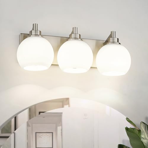 3-Light Brushed Nickel Bathroom Vanity Light, Milk Glass Globe Shade | 18" modern bathroom light fixtures over mirror, E26 base, bulbs not included, VL195-BN-ML-3 - color: Brushed Nickel, Milk Glass, size: 3-light