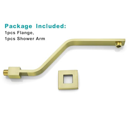 16 Inch S Shape Brushed Gold Shower Head Arm, Square Wall Mounted Shower Arm and Flange Included - color: Brushed Gold