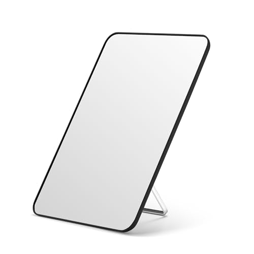 OMIRO 10 x 7 in Desk Makeup Mirror with Stand and Hanging Hole, Black | Table Mirror with Foldable Bracket, Shaving and Travel, Portable Mirror for Men and Women, Distortion-Free Reflection - color: Black, size: 10"L x 7"W