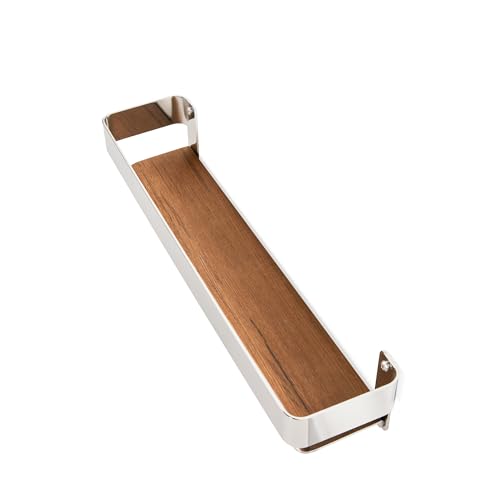 Seachrome Rectangular Shower Shelf with Rail in a Polished Finish and Natural Teak Wood Insert - color: Polished