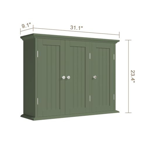 ChooChoo Laundry Cabinet with 3 Doors and Adjustable Shelves | 9.06"D x 31.1"W x 24"H, Bathroom Wall Cabinet, Cupboard, Green - color: Green, size: 9.06"D x 31.1"W x 23.4"H