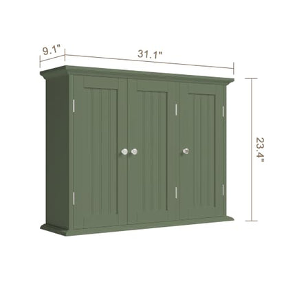 ChooChoo Laundry Cabinet with 3 Doors and Adjustable Shelves | 9.06"D x 31.1"W x 24"H, Bathroom Wall Cabinet, Cupboard, Green - color: Green, size: 9.06"D x 31.1"W x 23.4"H