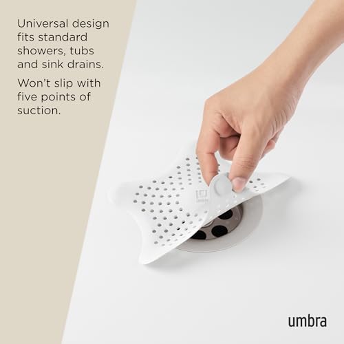 Umbra Starfish Hair Catcher, Suction Cup Drain Cover, 6-Inch, White | Silicone material, flexible and durable, water resistant seal, easy to clean, rust proof, fits standard tubs - color: White