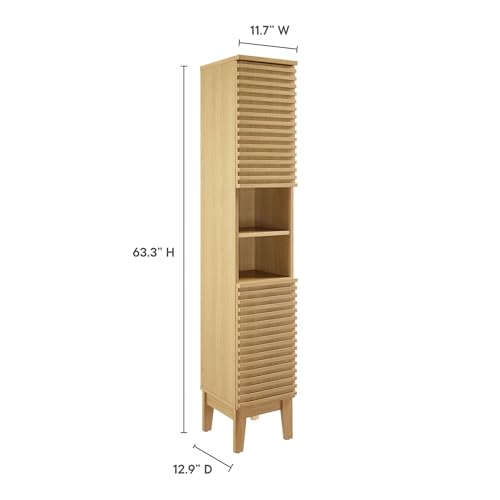 Modway Render Tall Narrow Bathroom Storage Tower in Oak - 63” Freestanding Linen Cabinet with Open Shelves and 2 Soft-Close Doors - Slim Towel and Makeup Organizer