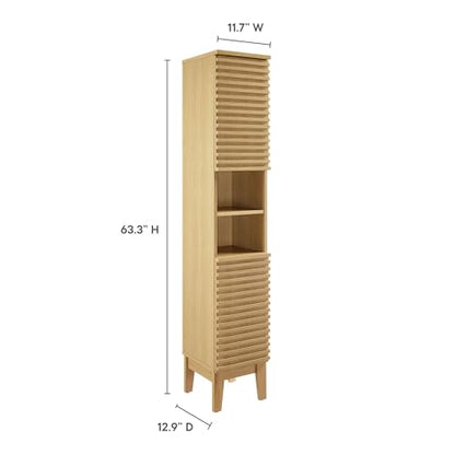 Modway Render Tall Narrow Bathroom Storage Tower in Oak - 63” Freestanding Linen Cabinet with Open Shelves and 2 Soft-Close Doors - Slim Towel and Makeup Organizer