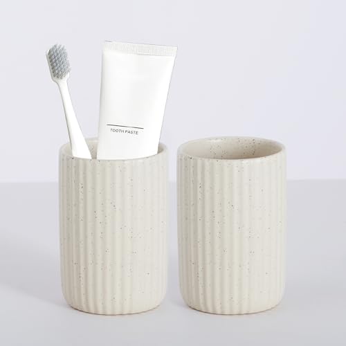 Ceramic Toothbrush Holders, Bathroom Tooth Brush Holder Set, Speckled Bathroom Cups Tumbler, Reusable Toothbrush Mouthwash Cup, Toothpaste Holder Toothbrush Organizer for Bathroom Counter - color: Beige