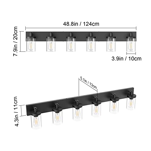 Aipsun 48in Vanity Light Black Bathroom Vanity Lighting Fixtures 6 Light Bathroom Light Fixtures with Clear Glass Shade(Exclude Bulb) - color: Black, size: 6-Light