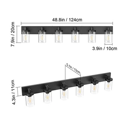 Aipsun 48in Vanity Light Black Bathroom Vanity Lighting Fixtures 6 Light Bathroom Light Fixtures with Clear Glass Shade(Exclude Bulb) - color: Black, size: 6-Light