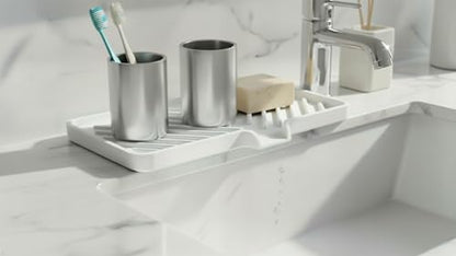 Silicone Soap Dish Tray and Sponge Holder with Drain Chute and Feet | 3-Way Sloped Design | Bathroom and Kitchen Sink Organizer Caddy (White, 10"x4", 7.8 Ounces) - color: White, size: 10"x4"