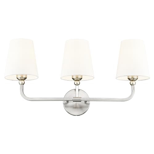 Bathroom Light Fixtures, Brushed Nickel Vanity Lights with Flared White Fabric Shade, 3 Light Wall Sconce, Modern Sconces Wall Lighting for Hallway Bedroom, VL837-BN-3 | 24.5" bathroom light fixtures over mirror, upward only, E26 base, bulbs not included,