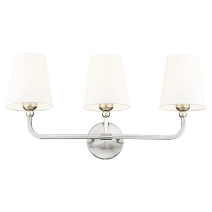 Bathroom Light Fixtures, Brushed Nickel Vanity Lights with Flared White Fabric Shade, 3 Light Wall Sconce, Modern Sconces Wall Lighting for Hallway Bedroom, VL837-BN-3 | 24.5" bathroom light fixtures over mirror, upward only, E26 base, bulbs not included,