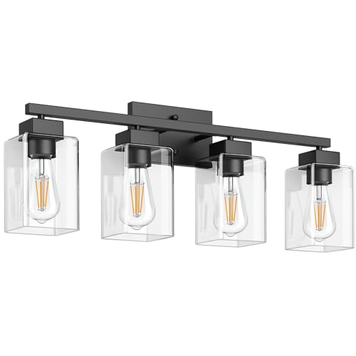4-Light Bathroom Light Fixtures, Matte Black Modern Vanity Lights, Bathroom Lighting Fixtures Over Mirror, Square Design Farmhouse Wall Sconces with Clear Glass Shades - color: Matte Black, size: 4-Light