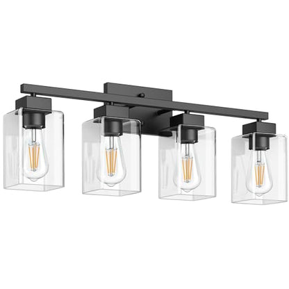 4-Light Bathroom Light Fixtures, Matte Black Modern Vanity Lights, Bathroom Lighting Fixtures Over Mirror, Square Design Farmhouse Wall Sconces with Clear Glass Shades - color: Matte Black, size: 4-Light