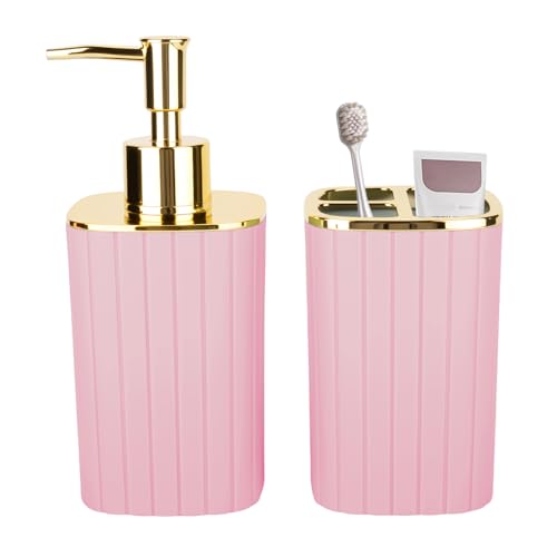 RRM 2PCS Bathroom Accessories Set,Pink Soap Dispenser and Toothbrush Holder | Modern Design, Boho Bathroom Decor for Bathroom Countertop Storage - color: Pink, size: 2Pcs