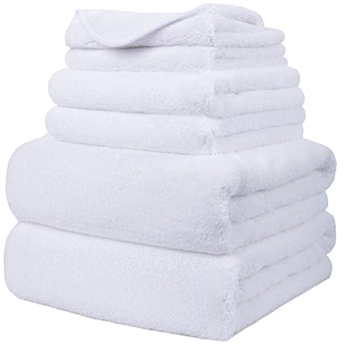 POLYTE 410 GSM Poly Blend Microfiber Quick Dry Bath Towel Set of 6 Pieces | 2-Body Towels, 2-Hand Towels, 2-Wash cloths, Oversize, Lint Free - color: White