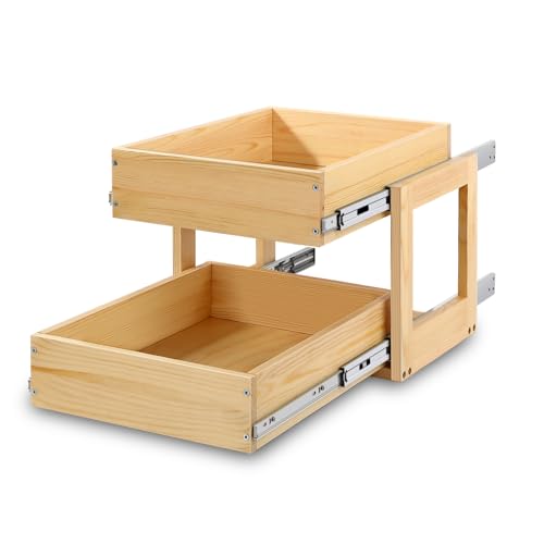 Pull Out Cabinet Organizer, 14''W×21''D×16''H Soft Close Slide Out Wood Drawer Shelves Storage for Kitchen, 2-Tier, Finished, Heavy-Duty, Bottom Assembly - size: 14''W×21''D×16''H