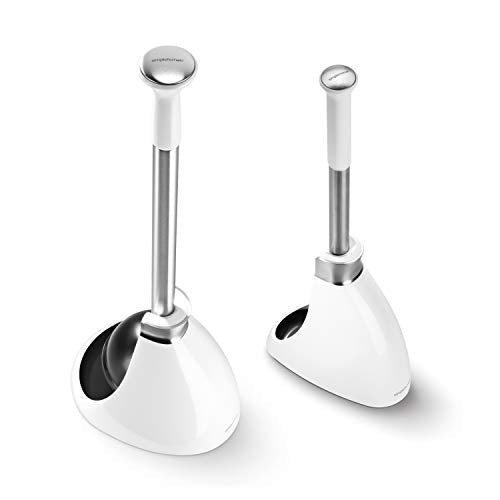simplehuman Toilet Plunger and Toilet Brush Set with Holder, Magnetic Drip-Free Covers, Crescent Brush Head and Modern-Toilet Plunger Flange, Hidden Dome Storage, Stainless Steel, White - color: White, style: Plunger and Brush Bundle