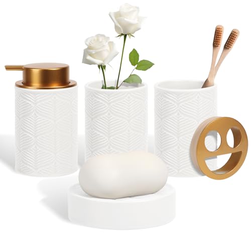 Kukikan Ceramic Bathroom Accessories Set, 4 Pcs-Includes Lotion Soap Dispenser, Toothbrush Holder, Vanity Tray, and Tumbler, Modern Bathroom Decor Organizer with Soap Dish, Apothecary Jar, White Color - color: Ceramic White