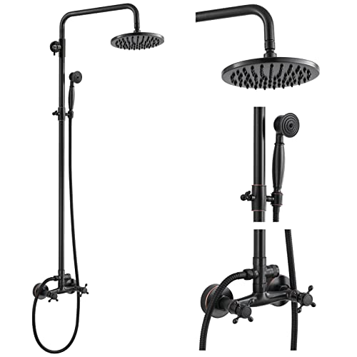 Heyalan Dual Shower System, 8 Inch Rain Head, Handheld,Oil Rubbed Bronze | Dual shower system with 8 inch rain head, handheld sprayer, exposed pipe design, two-handle control, and brass body. - color: Oil Rubbed Bronze