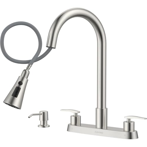 DAYONE 2 Handle Kitchen Faucet with Pull Down Sprayer, 4 Holes Sink Faucets for Kitchen/RV with Soap Dispenser Stainless Steel, Brushed Nickel - color: Brushed Nickel, style: 4 Holes Pull Down