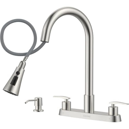 DAYONE 2 Handle Kitchen Faucet with Pull Down Sprayer, 4 Holes Sink Faucets for Kitchen/RV with Soap Dispenser Stainless Steel, Brushed Nickel - color: Brushed Nickel, style: 4 Holes Pull Down