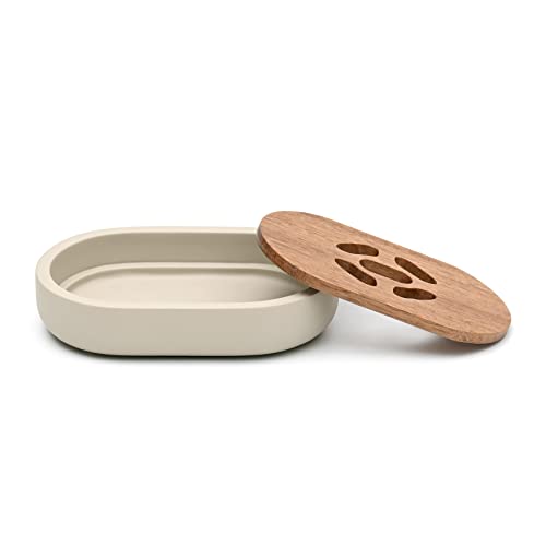 Bathroom Accessories Set 3 Piece Bath Ensemble Includes Soap Dispenser, Tumbler, Dish for Decorative Countertop & Housewarming Gift (Concrete with Acacia Wood) - style: Concrete with Acacia Wood