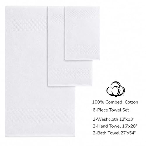 Feather & Stitch 100% Cotton 625 GSM Bath Towel Set of 6, Ultra Soft Highly Absorbent 2 Bath Towels, 2 Hand Towels & 2 Washcloth - Luxury Quick Dry Shower Towels (White) - color: White