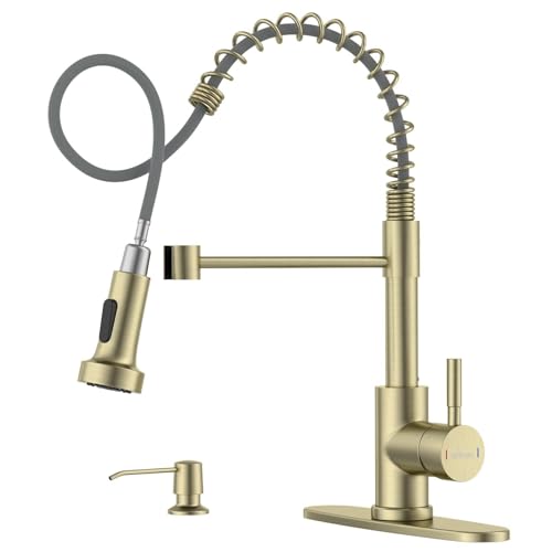 APPASO Gold Kitchen Faucet with Pull Down Sprayer and Soap Dispenser | Single Handle High Arc Spout, NSF Certified 1 or 3 Hole Installation, for Kitchen Sink Farmhouse RV Laundry Camper - color: Brushed Gold